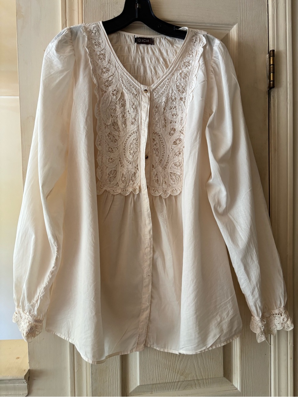 XCVI Ivory Lace Yoke Button-Front Blouse